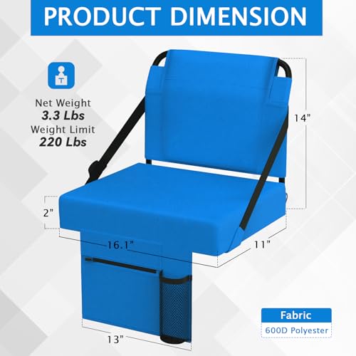 2pcs Stadium Seat for Bleachers with Back Support，Portable Bleacher Chairs with Back and Cushion，Includes Shoulder Strap and Cup Holder - color: Blue,2 Pack
