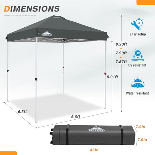 EAGLE PEAK Pop Up Canopy Tent with Wheeled Carry Bag, 8 Stakes, 4 Ropes, Easy Set Up Tent Canopy, 6.6x6.6 ft, Gray - color: Gray, size: 6.6x6.6