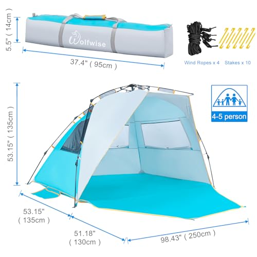 WolfWise 4-5 Person Beach Tent with UPF 50+ Sun Protection, Portable Ventilated Beach Shade Canopy with Extended Porch, Easy Setup & Windproof Design, Large, Blue - color: Blue, size: 4-5 Person