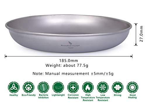 iBasingo Titanium Plate 18.5cm Ultralight Camping Dinner Plate, Reusable Metal Dish for Steak, Dessert Portable Round Tray with Mesh Bag for Backpacking, Hiking, Picnic Ti1103T - color: L-Ti1103T