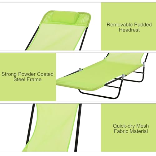 Majnesvon Outdoor Tanning Chair with Pillow, Folding Chaise Lounge Chair with Adjustable Backrest, Portable Lay Flat Beach Lounge Chairs for Sunbathing Poolside Patio Lawn Camping(Green 2) - color: Green 2