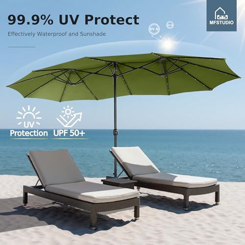 MFSTUDIO 15ft Double Sided Patio Umbrella with Solar Lights, Outdoor Large Umbrellas with Crank Handle and 36 LED Lights, Rectangular Market Umbrella with Base Included for Deck Pool Shade, Lime Green - color: Lime Green