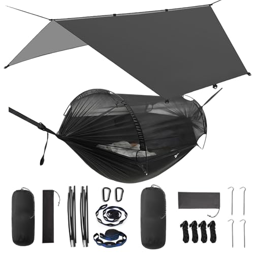 ADVOKAIR Camping Hammock with Mosquito Net and Rain Fly, Up to 500lbs, Ultralight and Portable Nylon Travel Hanging Hammock with Tree Straps, Perfect for Outside, Backpacking, Hiking and Backyard - color: Black Bundle, size: 106"L x 55"W