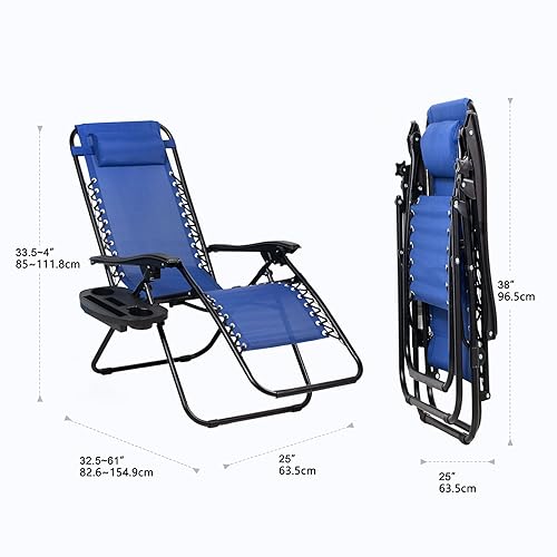 Nazhura Set of 2 Relaxing Recliners Patio Chairs Adjustable Steel Mesh Zero Gravity Lounge Chair Beach Chairs with Pillow and Cup Holder (Blue) - color: Blue