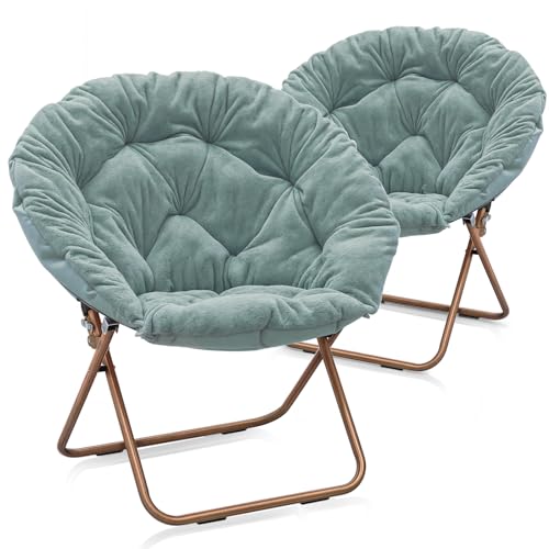 MoNiBloom Round Folding Faux Fur Saucer Chair for Bedroom Living Room Dorm Foldable Metal Frame Oversized Large Comfy Soft Lounge Lazy Cozy Moon Chair for Adults (Set of 2, Teal Blue) - color: Teal Blue