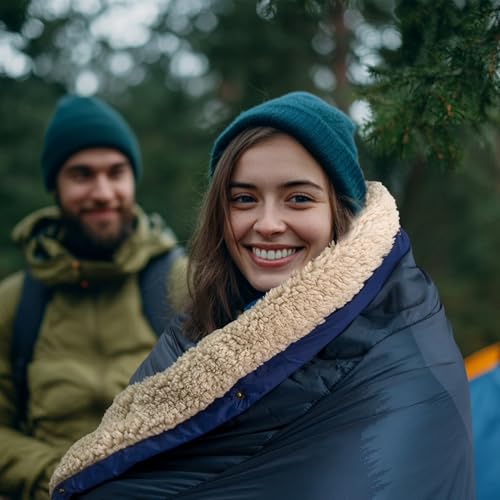 Outdoor Camping Blanket with Sherpa Lining, Extra Warm Thick Camp Blankets and Puffy Ultralight Soft Poncho DWR Camping Quilt for Cold Weather, Adventure, Sleeping, Backpacking 78"x 56" - color: Blue Cloud Valley, size: 78 x 56 inches