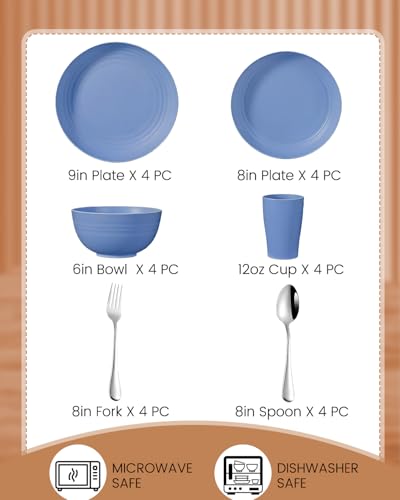 24 Piece Plates and Bowls Sets for 4- Unbreakable Wheat Straw Dinnerware Sets Includes Stainless Steel Forks for Picnic Camping Outdoor Kitchen and Apartment Dinning RV Essentials- Colorful - color: Colorful, size: 24PCS