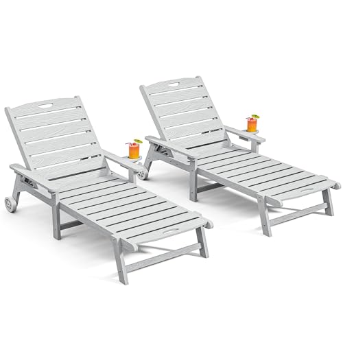 Outdoor Lounge Chair Set of 2 with 5-Position Adjustable, Outside Lounge Chair with Cup Holder, Wheels for Easy Mobility, HDPE Tanning Chair for Poolside, Patio, White - color: White, size: 2pc