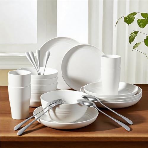 24 Pcs Dinnerware Set- Dinner Plates Set- Picnic & Camping- Unbreakable & Reusable- Includes 4x 9in, 4x 8in Plates, 4x 6in Bowls, 4 Cups, 4 Stainless Steel Forks and Spoons- Kitchen, Dorm, Office - color: White, size: 24PCS