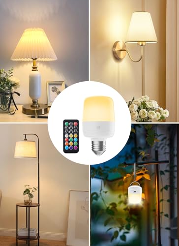 Minetom E26 Rechargeable Light Bulbs with Remote and Timer, Battery Backup Bulb with 12 Colors and Brightness Dimmable, 2300mAh 40W Equivalent LED Light Bulbs for Lamps Sconces Camping, 4 Pack - size: 4 Pack