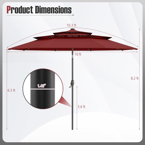 Tangkula 10 FT Solar LED Patio Umbrella, 3-Tier Vented Outdoor Market Table Umbrella with 32 LED Lights, Tilt Adjustment, Crank Handle, 8 Ribs for Backyard Pool Deck (Wine) - color: Wine