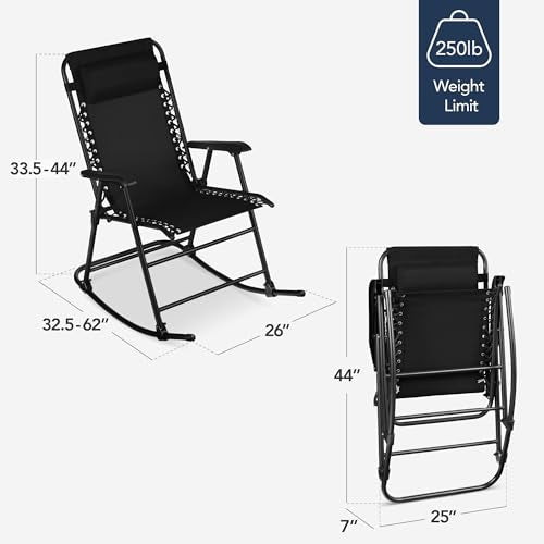 Best Choice Products Outdoor Zero Gravity Rocking Chair, Folding Reclining Patio Lounge Chair with Adjustable Pillow for Lawn, Beach, Camping - Black - color: Black