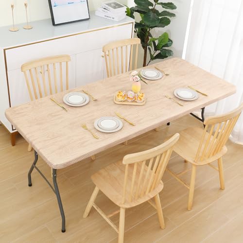 Smiry Rectangle Table Cloth Cover, Waterproof Elastic Fitted Picnic Tablecloth for 6 Foot Tables, Wipeable Flannel Backed Vinyl Tablecloths for Camping, Dining, Outdoor (Beige Wood, 30" x 72") - color: Beige, size: 72" x 30" (Rectangular)