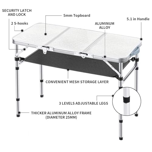 Yriuat Folding Camping Table 3ft Portable Pinic Table Adjustable Height Small Card Table Aluminum Foldable Lightweight with Carry Handle for Outdoor Indoor Hiking Camp BBQ Beach - color: Sage Gray, size: 35"l X 16"w X 27"h