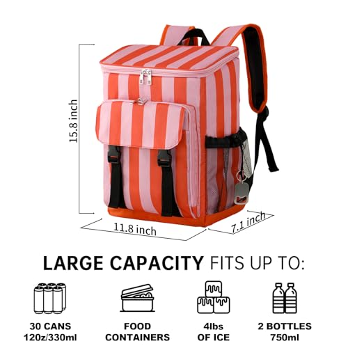 DYSHAYEN Cooler Backpack,Lightweight Backpack Cooler Insulated Leak Proof,30 Cans Soft Cooler Bag for Beach,Camping,Beach,Picnic,Lunch - color: Orange and Pink Stripe