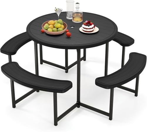 Byroce 8-Person Picnic Table for Outdoors, HDPE Picnic Table Set with 4 Benches, Umbrella Hole & Metal Frame, Heavy Duty Round Dining Table Chairs for BBQ Party in Patio, Yard & Poolside (Black) - color: Black