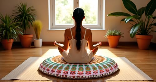 CRAFT KALA 22 Inch Meditation Floor Pillow Cover Round Pillow Seating Hippie Decorative Adults Bohemian Mandala Cushion Cover Outdoor Living Room Throw Ottoman Poufs Cover 22", Musturd Mirchi - color: Musturd Mirchi, size: 22"