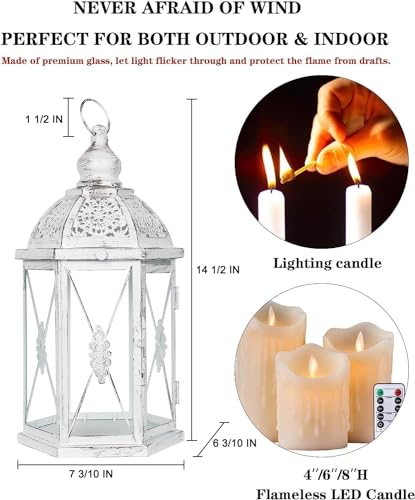 Lantern Decorative Indoor & Outdoor, 14.5'' Candle Lantern Farmhouse Home Decor, Hexagon Vintage Hanging Metal Candle Holder for Front Porch Shelf Patio Wedding Party, Christmas Decorations - color: White / 14.5''h