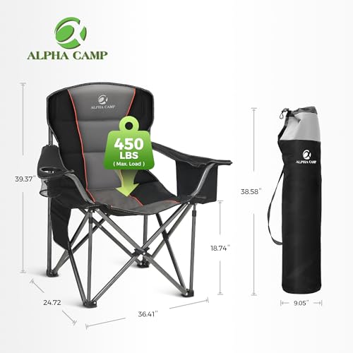ALPHA CAMP Heavy Duty Camping Chair 500LBS Capacity, Oversized Folding Chair for Heavy People, Padded Portable Outdoor Chair with Cooler Bag & Cup Holder for Camping, Fishing, Beach - color: Black, size: 1PC