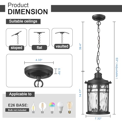 Darkaway Large Outdoor Pendant Lights for Porch, 15inch Outdoor Chandelier Hanging Porch Lights Outside Ceiling Mount Aluminum with Water Ripple Glass for Front Porch Gazebo Patio - color: Black-Water Ripple Glass, size: Large Size