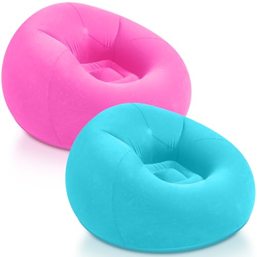 Realspring Inflatable Bean Bag Chairs Outdoor Blow up Camping Chairs Inflatable Lazy Sofa Folding Portable Bean Bag Loungers Couch for Movie Night(Pink,Lake Blue,2 Pcs) - color: Pink,lake Blue