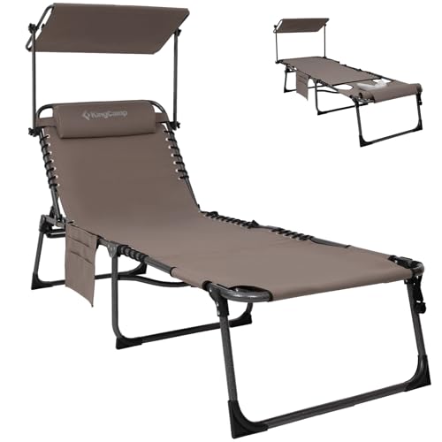 KingCamp Tanning Chair with Face Hole, Lounge Chairs Outdoor Folding Comfy Adjustable 5-Position Foldable Chaise Chaser with Canopy Shade for Outside Beach Patio Sun Bathing, Beige - color: C*skyshade Canopy——beige Canopy, style: oversized