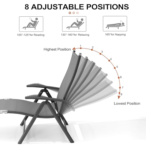 Crestlive Products Folding Patio Chaise Lounge Chair Outdoor, Aluminum Adjustable Outdoor Pool Recliner Chair, Assemble-Free, 8 Positions - color: Grey, size: 1 Pcs