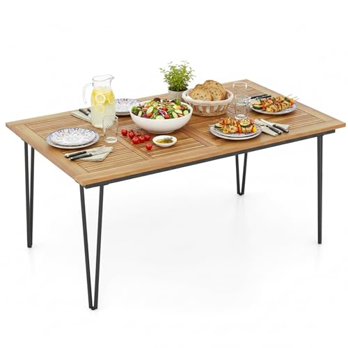 Tangkula 63" Large Patio Dining Table for 6, Acacia Wood 6-Person Dining Table with 2" Umbrella Hole & Metal Legs & Adjustable Foot Pads, Rectangular Outside Table for Garden, Poolside & Backyard - size: 63"