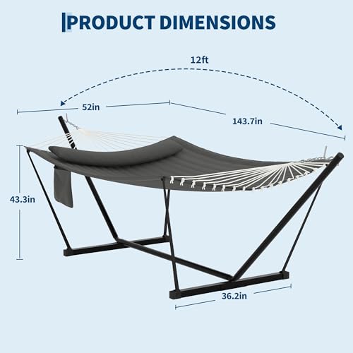 Garvee﻿ 2 Person Hammock with Stand for Outside, Double Hammock with Stand and Pillow, Max 450 Lbs Capacity with Balance Rope, Large Hammock for Outdoor Patio Backyard Poolside - color: Dark Gray, size: Arc Shaped