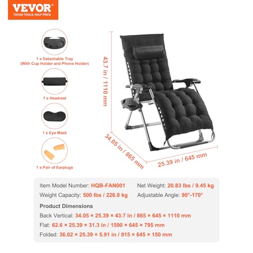 VEVOR Zero Gravity Chair, 26 inch Zero Gravity Recliner Lounge Chair for Indoor and Outdoor, Adjustable Anti Gravity Chair with Cushion, Headrest, Footrest, and Cupholder, 500 lbs, Black - color: Black, size: 26 Inch