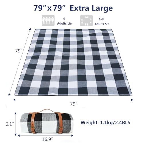 79”x79” Picnic Blanket Extra Large, Waterproof and Foldable Beach Blanket, 3-Layer Outdoor Blanket for 6 to 8 Adults, for Camping, Park, Beach, Grass, Indoors - color: Black and White Grids