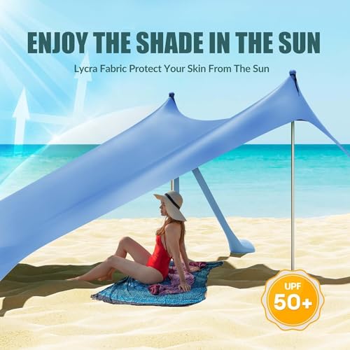 Gardentime Beach Tent Canopy with 8 Sandbags 4 Aluminum Poles, Pop Up Portable Camping Sun Shelter, Easy Set Up with 2 Sand Shovel, Ground Pegs, Carrying Bag for Outdoor Beach,Picnic, Fishing - color: Blue