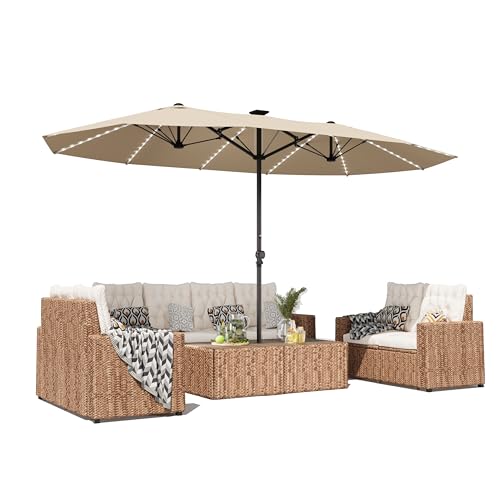 GDPFN 15ft Large Patio Umbrella with Solar Lights, Outdoor Double-Side Rectangular Umbrella, Backyard Pool Umbrella with LED Light for Deck, Outside, Market, Beige (Base Not Include) - color: Beige, size: With Led
