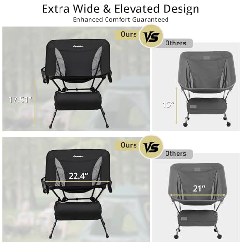 Anbte Extra Height & Width Portable Camping Chair, 400LBS Capacity Compact Folding Chair with Square Frame Quick Setup Storage Bags on Both Sides, Ideal for Camping Hiking Beach Picnic Outdoor, Black
