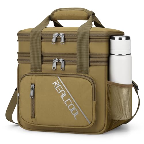 RealCool Lunch Bag, Insulated Lunch Box for Men Women, Double Deck Leakproof Soft Cooler Bag with Adjustable Strap, Reusable Lunchbox for Work, Travel, Camping (Khaki) - color: Khaki