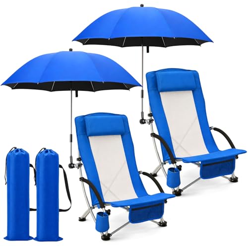 Colingmill 4 Pcs Low Beach Chair with Umbrella Camping Chair Backpack Folding Recliner Mesh Back with Headrest Cup Holder Carry Bag for Summer Tent Picnics Outdoor Travel Barbecues (Ocean Blue) - color: Ocean Blue