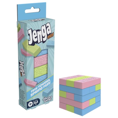 Jenga Mini Spring, Tiny Towers Stacking Block Game, Colorful Pink Blue Green Blocks, Ages 6+