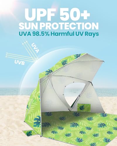 OutdoorMaster Pop Up Beach Umbrella, Portable Beach Tent Shelter, Beach Shade Sun Canopy with UPF 50+ UV Protection, Extendable Floor with Carrying Bag - color: Yellow Leaf-a