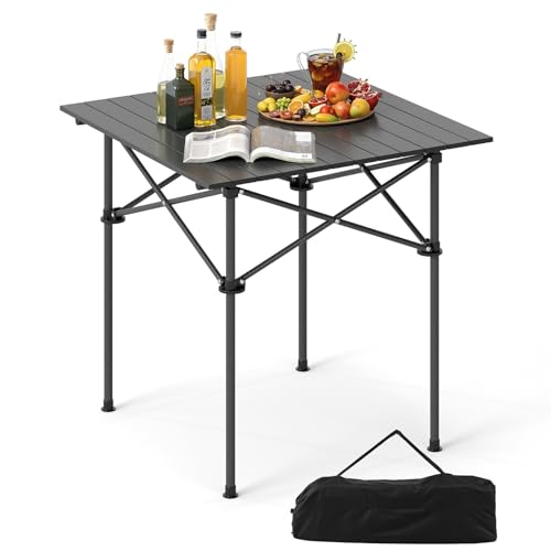 Giantex Folding Roll-up Camping Table, Outdoor Lightweight Aluminium Table for 4, Portable Square Table with Carry Bag for Picnic, Hiking, BBQ, Beach, Tailgating (28"x28"x27.5",Black) - color: Black