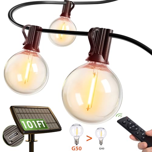 addlon 100FT Solar String Lights for Outside G50 Waterproof with USB Port Solar Patio Lights Outdoor Solar Powered LED Bulbs 3 Light Modes for Backyard Porch Garden Market Bistro Camping - size: 100FT