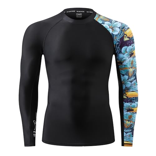 HUGE SPORTS Men's Rash Guard Long Sleeves UPF 50+ UV Sun Protection Quick Drying Splice Compression Swim Shirts - color: Heytoucan, size: Large