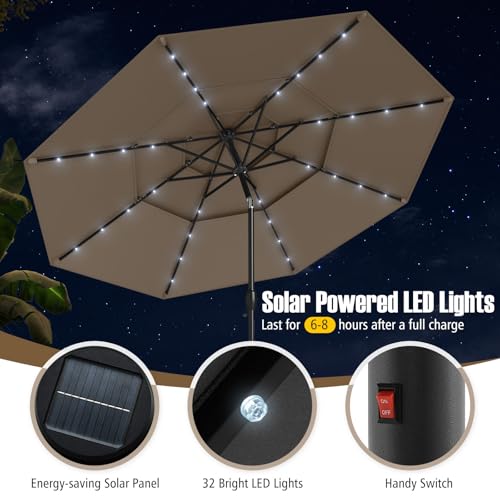 Tangkula 10 FT Solar LED Patio Umbrella, 3-Tier Vented Outdoor Market Table Umbrella with 32 LED Lights, Tilt Adjustment, Crank Handle, 8 Ribs for Backyard Pool Deck (Tan) - color: Tan