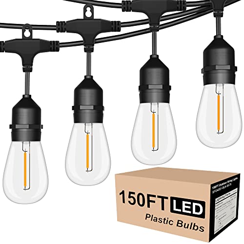 SUFEIMAS Outdoor String Lights LED 150FT with 46 Sockets 48pcs S14 Shattreproof Edison Bulbs,Dimmable LED Outdoor String Lights for Outside, Patio,Backyard, Market, Cafe (2 * 75FT) - color: Black, size: 150FT S14