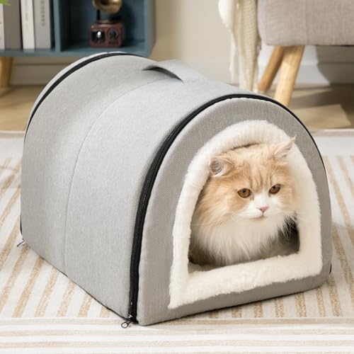 Hollypet Cat Bed Self-Warming 2 in 1 Foldable Kitty Cave Hut House Nest Pet Sleeping Bed, Linen Pet Condo for Indoor Cats, Gray Arched Cave - color: Gray Arched Cave