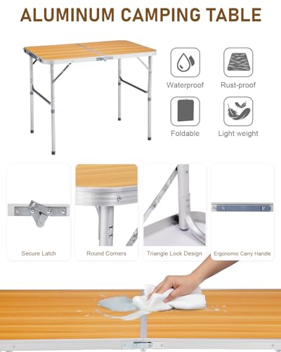 Outvita 3ft Portable Folding Camping Table, Outdoor Waterproof Adjustable Height Table, Aluminum Lightweight Suitcase Foldable Table for Picnic BBQ Beach Dining - color: Yellow, size: 35*24*28