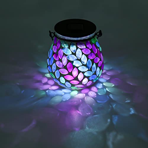 Afirst Mosaic Solar Lanterns Outdoor - Glass Hanging Solar Lights Hollow Out Waterproof Table Lamp Outdoor Decorative for Garden, Patio, Holiday Party Outdoor Decoration - style: Leave