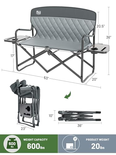TIMBER RIDGE Double Camping Chair Portable Loveseat, Heavy Duty Folding Camp Couch, 2 person Director Chairs with Cup Holder for Outdoor Lawn Tailgates Picnic Sports Soccer Games Supports 600 lbs Grey - color: Loveseat Grey, style: Loveseat