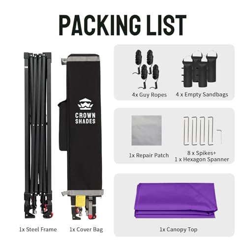 CROWN SHADES 10x10 Pop Up Canopy - Patented Center Lock One Push Instant Outdoor Canopy Beach Tent with STO-N-Go Bag 8 Stakes & 4 Sand Bags，Purple - style: Purple