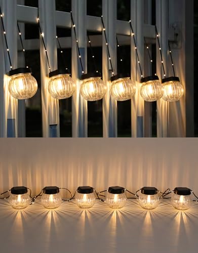 PARTPHONER Solar Lights Outdoor Waterproof 12-Pack, Solar Powered Hanging Lantern Ribbed Glass Hanging Globes for Yard Decor Christmas Decoration, Shepherd Hook, Garden Tree Ornaments, Clear - color: Clear