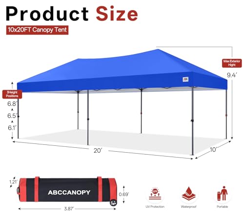 ABCCANOPY 10x20 Pop Up Canopy Tent, Easy Setup Instant Shelter with Wheeled Bag, Heavy Duty Outdoor Canopy for Beach, Market, Backyard, UV Protection, Outdoor Weather Protection (Royal Blue, 10x20) - color: Royal Blue, size: 10x20